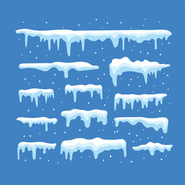 White snow caps, snowball, snowdrifts, snow pile and icicles vector collection