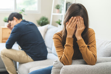 Breakup and depressed, asian young quarrel couple love fight relationship in trouble. Different people are emotion angry. Argue wife has expression upset with husband. Problem of family people.