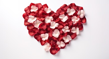 Red rose petals into the heart shape on background