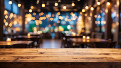 Empty wooden table top with lights bokeh on blur restaurant background - obrazy, fototapety, plakaty