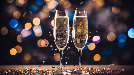 champagne glasses on new year celebration eve - obrazy, fototapety, plakaty