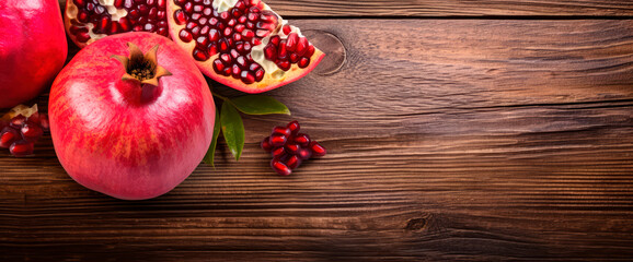 Pomegranate is placed on the wood grain background
