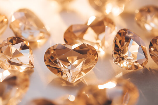 Close up photo of crystals in the shape of hearts floating on a light gold background
