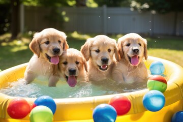 Golden Retriever puppies playing in a kiddie pool - obrazy, fototapety, plakaty