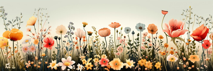 Wide panoramic banner of different types of pink and yellow flowers, simple flower illustrations drawing in white background 