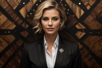 Close-up Portrait of a beautiful confident successful businesswoman wearing a gray suit on a black gold background. Business, style, fashion concepts.