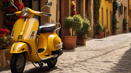 Sun Yellow Vespa Scooter Parked In The Narrow Street 