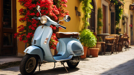 Blue Scooter Parked in the Street of a Small Italian Town 