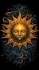 the sun on a black background, in the style of folk-inspired illustrations