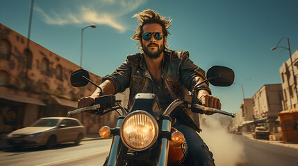 A Brutal Handsome Man Rides a Motorcycle in the City 