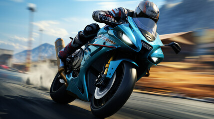 A Blue Racing Motorcycle in Motion Is Going Fast on the Road 