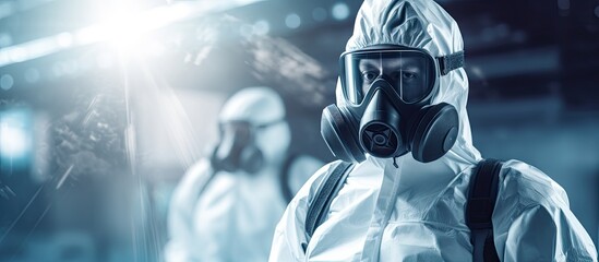 Coronavirus epidemic prevention and control in town complex include professional disinfection teams wearing protective suits and masks. - Powered by Adobe