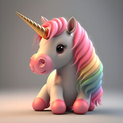 Bebé unicornio con cabellos de colores pastel. Personaje de animación Kawaii 3d. Render realista...