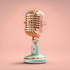 Micrófono de radio, tv show, podcast, rosa en fondo rosado, femenino . Modelo 3d render realista. Elaborado con tecnología IA
 - obrazy, fototapety, plakaty