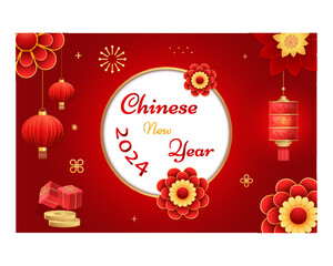 Happy Chinese new year 2024 celebration background  with flower, lantern, Asian elements gold paper cut style on color background.