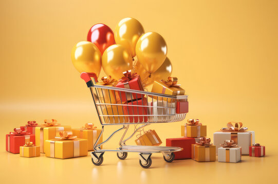 Shopping cart with gifts and balloons on a yellow background. AI generative.