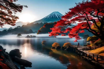 Photo sur Plexiglas Destinations One of the nicest spots in Japan is Lake Kawaguchiko, where you can find the colorful autumn season and Mount Fuji with its morning mist and scarlet foliage.