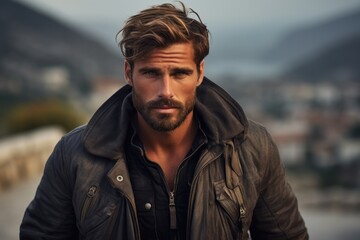 Male model in a rugged outdoor look with a leather jacket