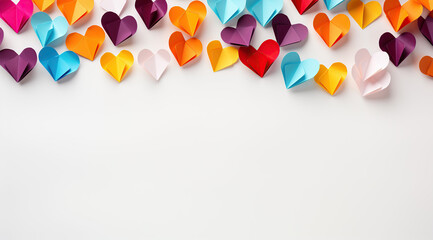 Colorful paper hearts floating in the air on the white background, copy space