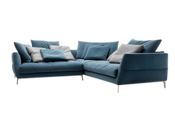 A generously sized corner sofa upholstered in blue fabric, adorned with plush cushions, sloping arms, chrome legs, and intricate stitching.