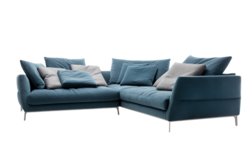 A generously sized corner sofa upholstered in blue fabric, adorned with plush cushions, sloping arms, chrome legs, and intricate stitching.