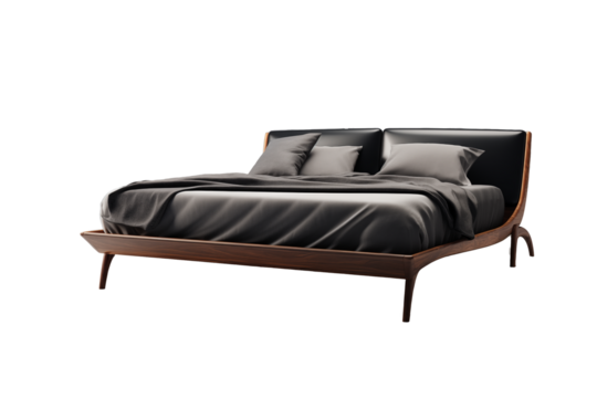 A sizable double bed constructed from dark-colored wood, featuring a curved wooden back panel and a soft gray fabric padding on the mattress.