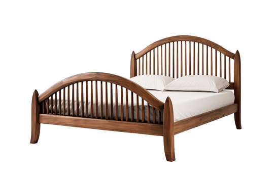 A substantial handmade double bed frame crafted from dark brown stained oak wood, featuring tall arched slatted back panels connected to the bedposts; does not include mattresses or bedding.