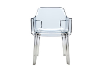 A modern chair featuring clear acrylic material with steel legs and armrests, complete with transparent seat and backrest panels.