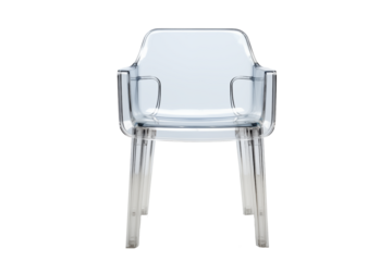 A modern chair featuring clear acrylic material with steel legs and armrests, complete with transparent seat and backrest panels.