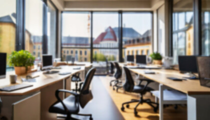 Blurry out of focus background of a bright clean office with desks, computer screens and chairs. ai generated