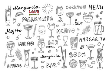Big set with acoholic and non-acoholic cocktails with ice cubes, mint, fruits, straw and lettering. Great for bar menu design, packaging. Vector illustration. Hand drawn. Doodle style