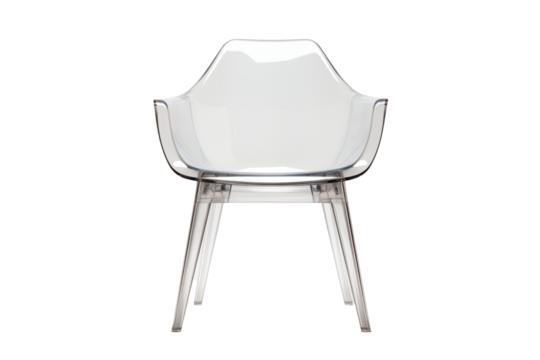 A modern chair featuring clear acrylic material with steel legs and armrests, complete with transparent seat and backrest panels.