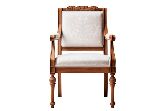 Vintage wooden dining chair with fabric upholstery and carved oak frame.
