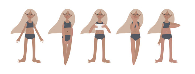 Five tanned European girls in swimsuits. Calm standing poses: thumbs up, piece of paper in hands. Tanned skin and blond hair. Vector illustration in flat style