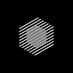 Hexagon within a hexagon made up of white lines. Vector Minimalistic Linear double hexagon shape on black background. Simple Modern Style shape for your logotype or icon.