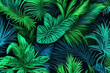 Neon Light in Green and Blue with Tropical Leaves