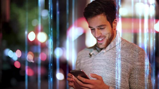 Cheerful Man using Smartphone Wireless Communication Network Concept. Mobile technology. Big Data Lines Flying from Mobile Phone.
City at Night. IOT, AR, Wireless Technology.

