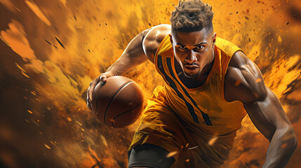 Portrait of male basketball player playing with a ball. Fit young man in sportswear holding basketball - obrazy, fototapety, plakaty