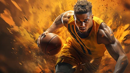 Tuinposter Portrait of male basketball player playing with a ball. Fit young man in sportswear holding basketball © Nataliia