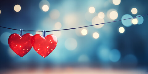romantische Lichterkette aus roten Herzen vor festlichen Hintergrund