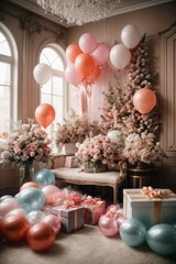 Obraz na płótnie Canvas A beautiful white living room decorated with flowers, balloons, gifts, boxes for Valentine's day, birthday, surprise.