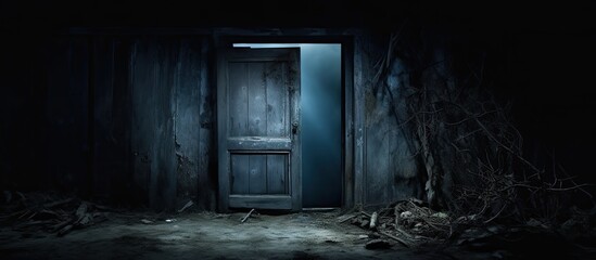 Dark, spooky door of a worn-down, abandoned house at night. - obrazy, fototapety, plakaty
