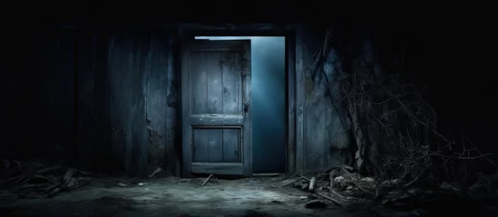 Photo sur Aluminium Vielles portes Dark, spooky door of a worn-down, abandoned house at night.