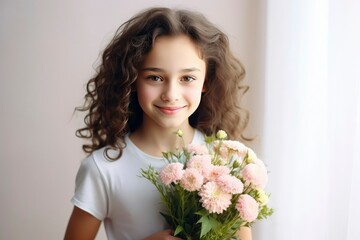 Portrait of attractive cheerful girl child holding flowers copy space deciding on pastel color background.