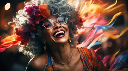 Funny granny with many Positive energy Enjoying Party Music. Lady dancing and having fun at a party in the Nightclub. Generative AI - obrazy, fototapety, plakaty