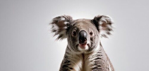  a close up of a koala on a white background with a blurry image of it's face.
