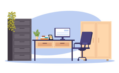 Desk office interior room with nobody workspace furniture concept. Vector flat graphic design illustration