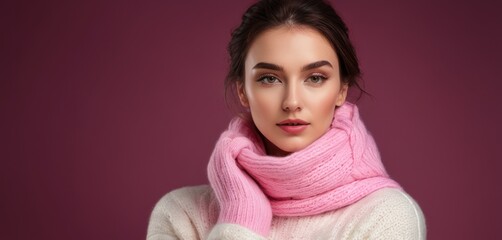  a woman wearing a pink scarf and a white sweater is looking at the camera with a serious look on her face.