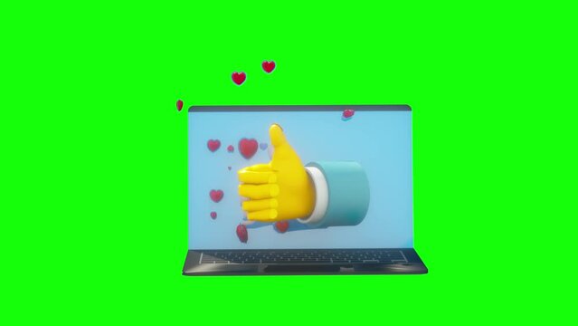 toon hand from a laptop and shows the like concept of online communication and remote sales of Internet business and social networks 3D render looping on green