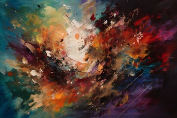 The focal point of the composition is an abstract painting positioned in the center, incorporating the essence of action painting with its vibrant and instinctive brushstrokes.